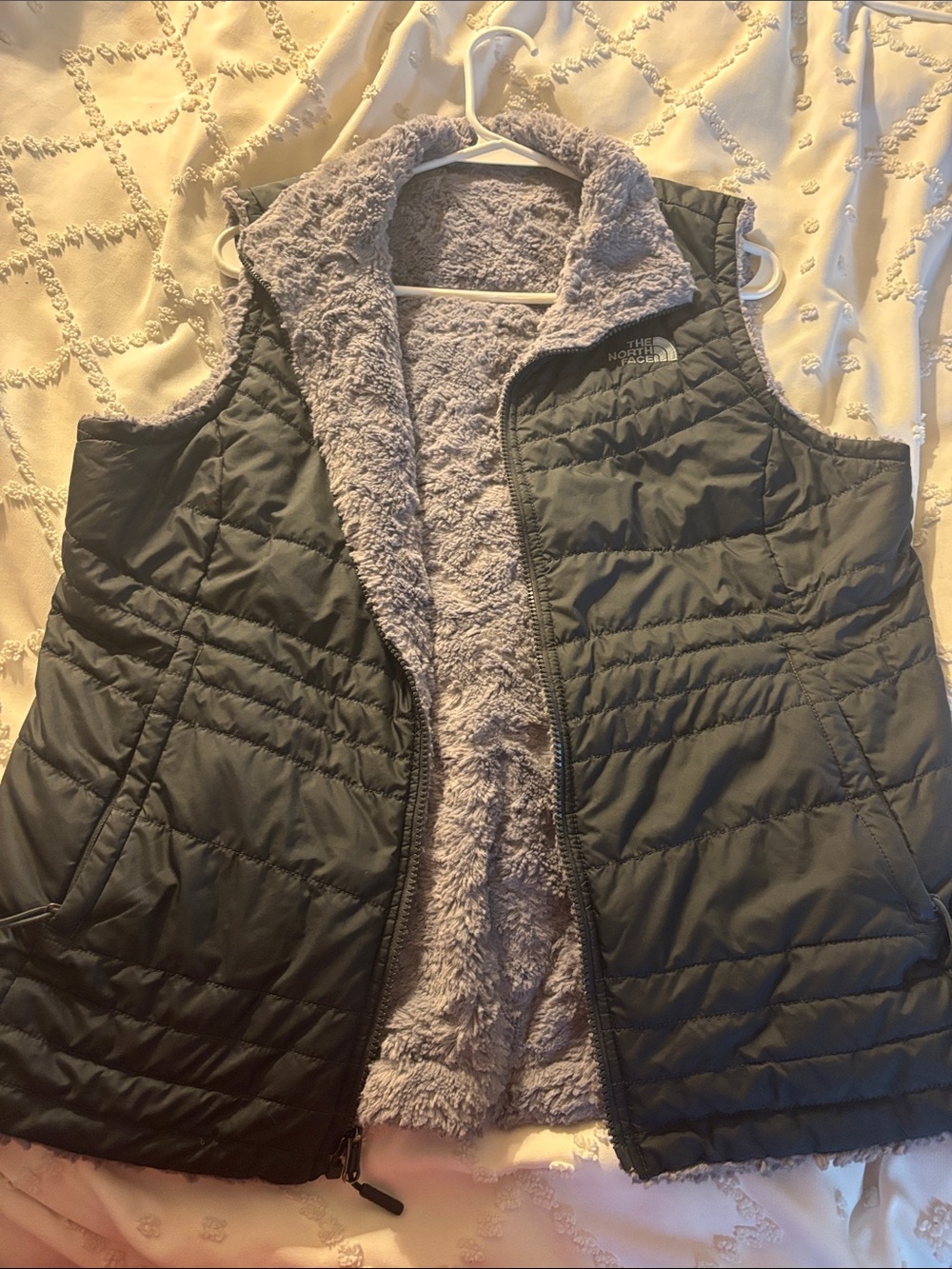 The North Face Women's Black Quilted Vest with Gray Fleece Lining